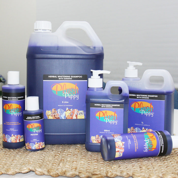 Full range of Plush Puppy Herbal Whitening Shampoo with Ginseng bottle sizes lined up together