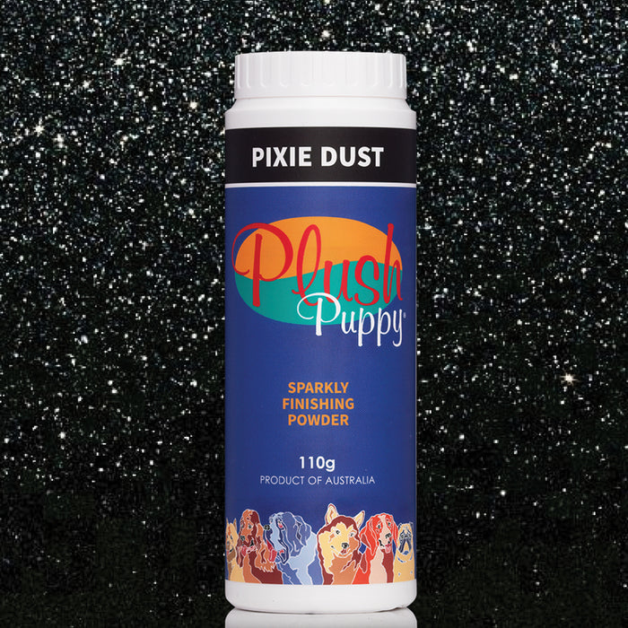 Plush Puppy Pixie Dust Sparkly Finishing Powder bottle on a sparkly black background