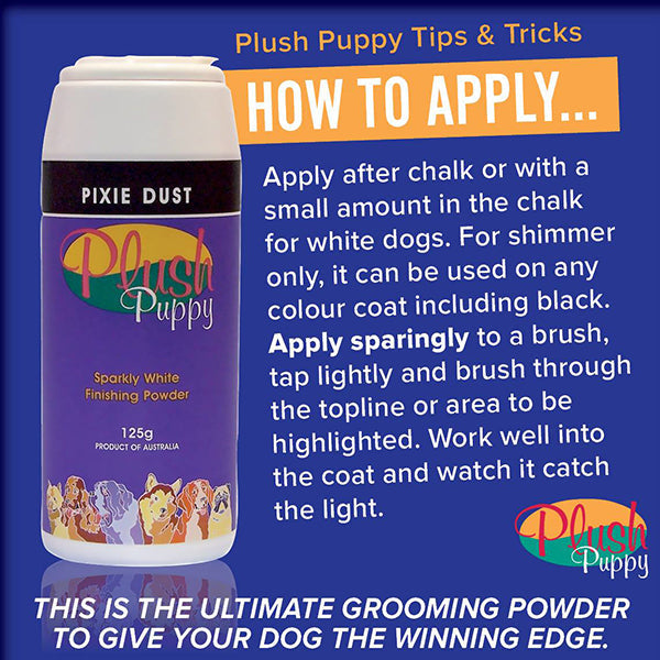 Plush Puppy Pixie Dust bottle with application instructions and dog breed illustrations