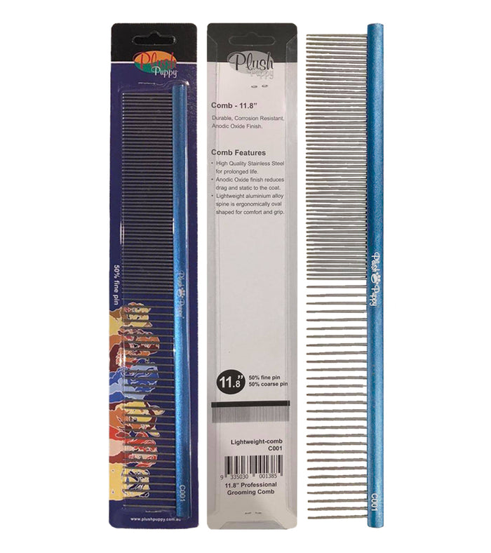 Plush Puppy 11.8 inch Professional Grooming Comb with packaging, front and back