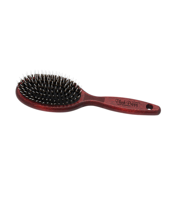 Plush Puppy Ultimate anti-static porcupine grooming brush with dark wooden-look handle