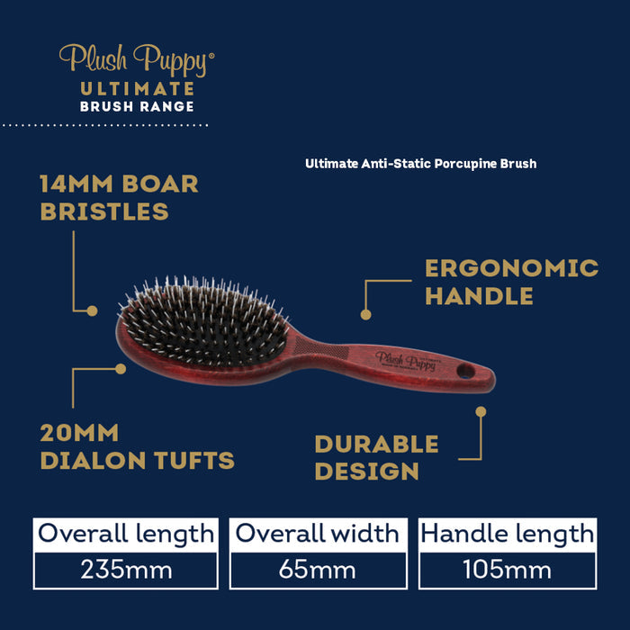 Plush Puppy Ultimate Anti-Static Porcupine brush with labelled features and dimensions