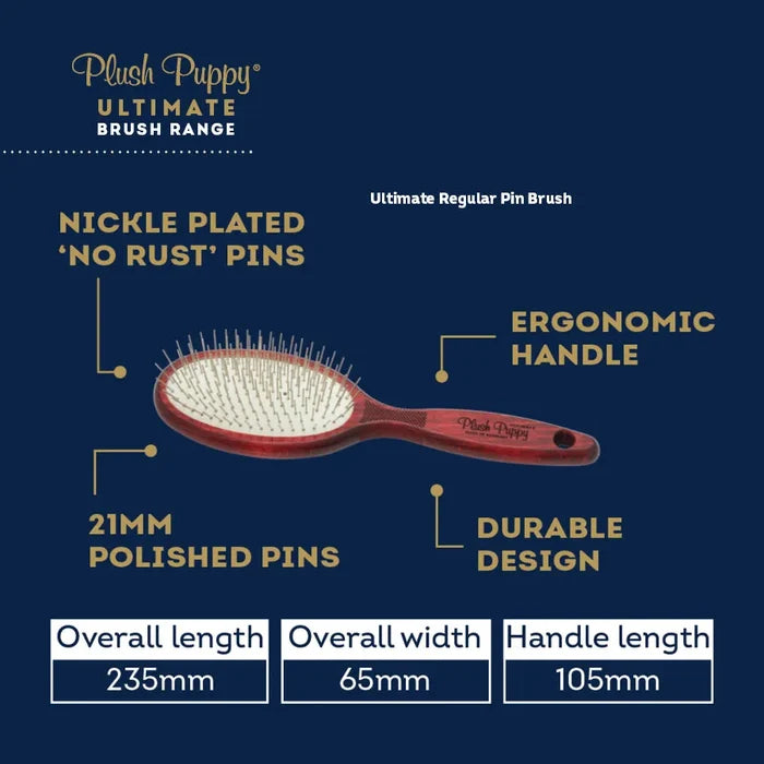 Plush Puppy Ultimate Regular Pin Brush with dimensions: 235mm long, 65mm wide, 21mm pins