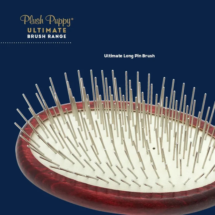 Close-up of the Plush Puppy Ultimate Long Pin Brush's nickel-plated pins