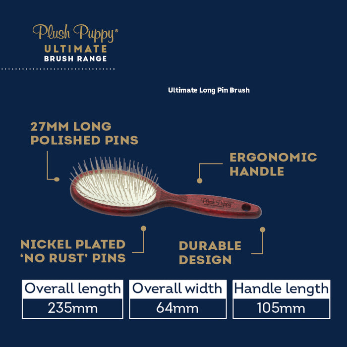 Plush Puppy Ultimate Long Pin Brush with dimensions: 235mm long, 64mm wide, 27mm pins