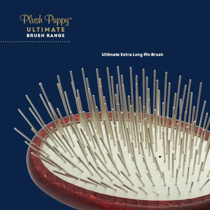 Close-up of the Plush Puppy Ultimate Extra Long Pin Brush's nickel-plated pins