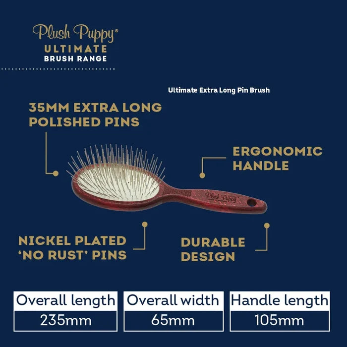 Plush Puppy Ultimate Extra Long Pin Brush with dimensions: 235mm long, 65mm wide, 35mm pins