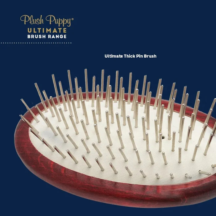 Close-up of the Plush Puppy Ultimate Thick Pin Brush's nickel-plated pins