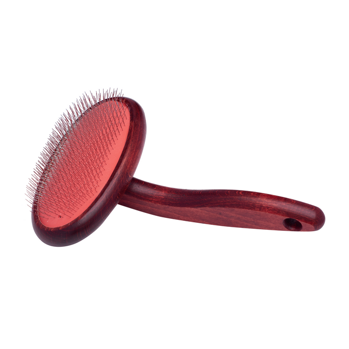 Plush Puppy Ultimate Soft Slicker Brush with red oval head and wooden handle