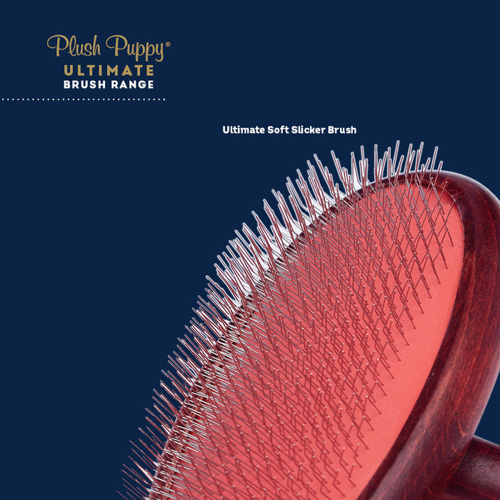 Close-up of the nickel-plated pins on the Plush Puppy Ultimate Soft Slicker Brush head