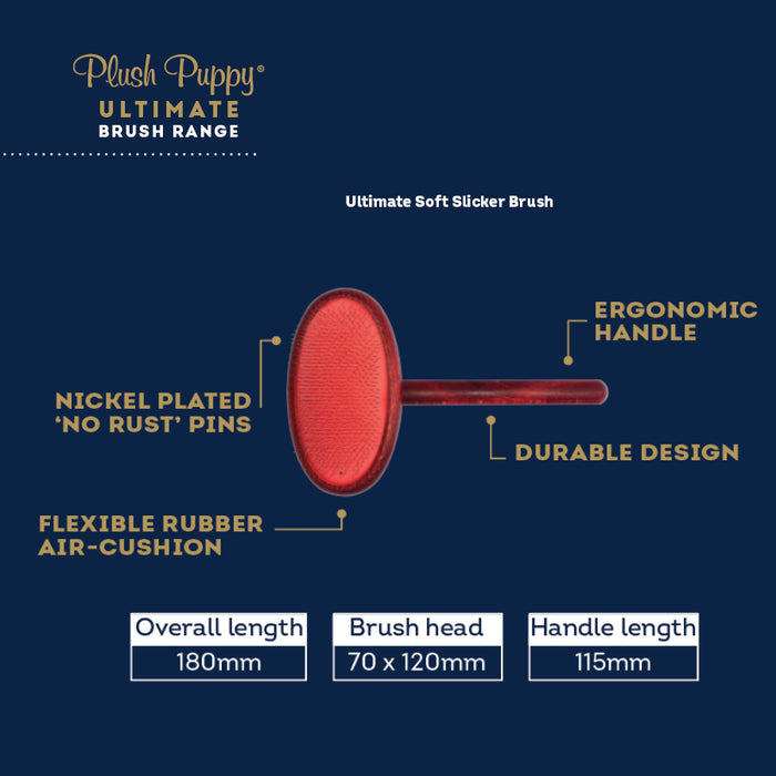 Infographic of the Plush Puppy Ultimate Soft Slicker Brush showing nickel-plated pins and dimensions