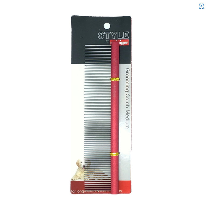 ProGroom Style medium grooming comb with red handle in blister packaging
