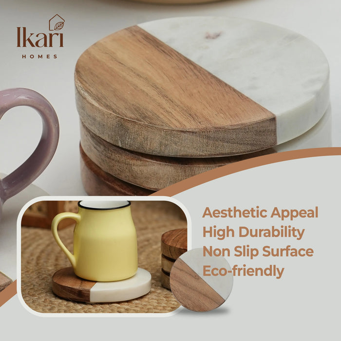 Round Marble & Wood Coasters, Set of 4