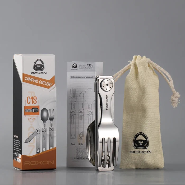 ROXON 3 IN 1 Camping Cutlery Set Knife Fork Spoon Stainless Steel Portable and Detachable