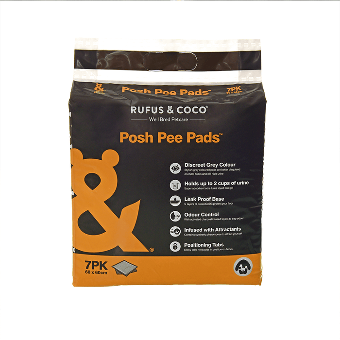 Rufus and Coco Posh Pee Pads packaging, 7 pack, 60 x 60cm