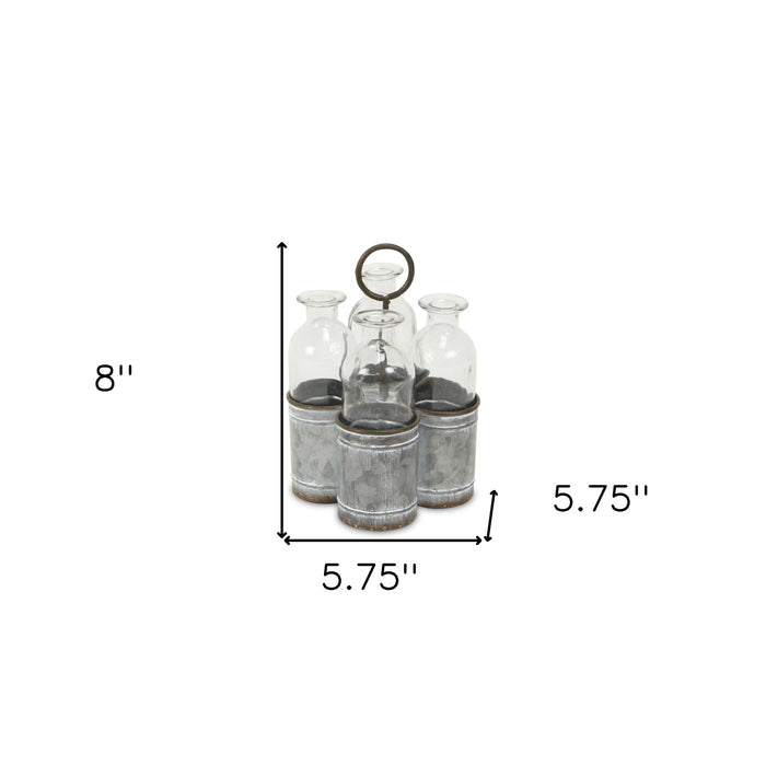 Set of Four Clear Galvanized Metal And Glass Decorative Bottle