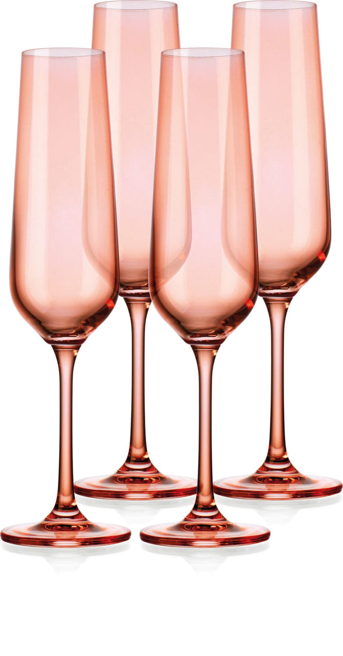 Set of Four Coral Crystal Narrow Stemmed Champagne Flutes
