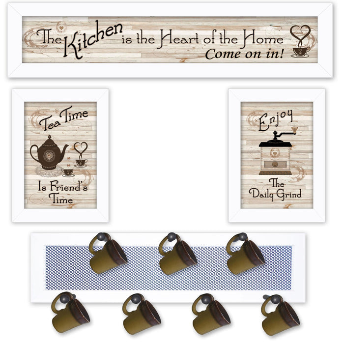 Set Of Four Kitchen Collection IV with Seven Peg Mug Rack 4 White Framed Kitchen Wall Art