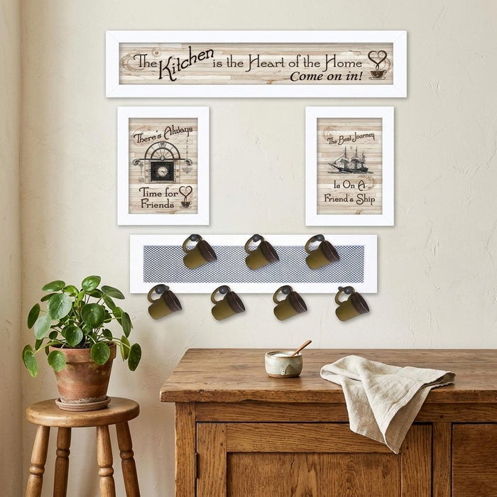 Set Of Four Kitchen Collection VI with Seven Peg Mug Rack 4 White Framed Kitchen Wall Art