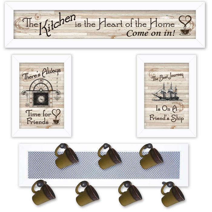 Set Of Four Kitchen Collection VI with Seven Peg Mug Rack 4 White Framed Kitchen Wall Art