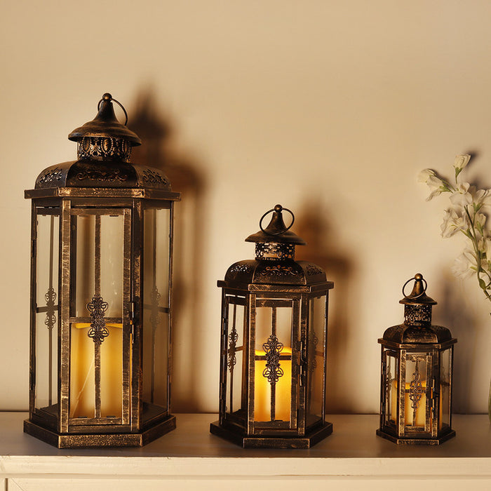 Set of Three Black And Gold Distressed Filigree Metal Tabletop Lantern Candle Holders