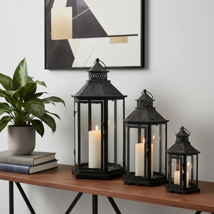 Set of Three Clear And Black Glass And Metal Floor Lantern Candle Holders