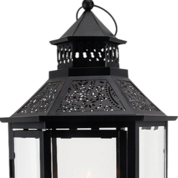 Set of Three Clear And Black Glass And Metal Floor Lantern Candle Holders