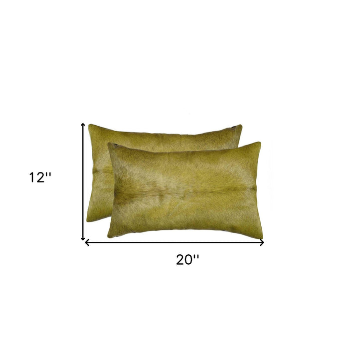 Set of Two 12" X 20" Lime Green Cowhide Throw Pillow