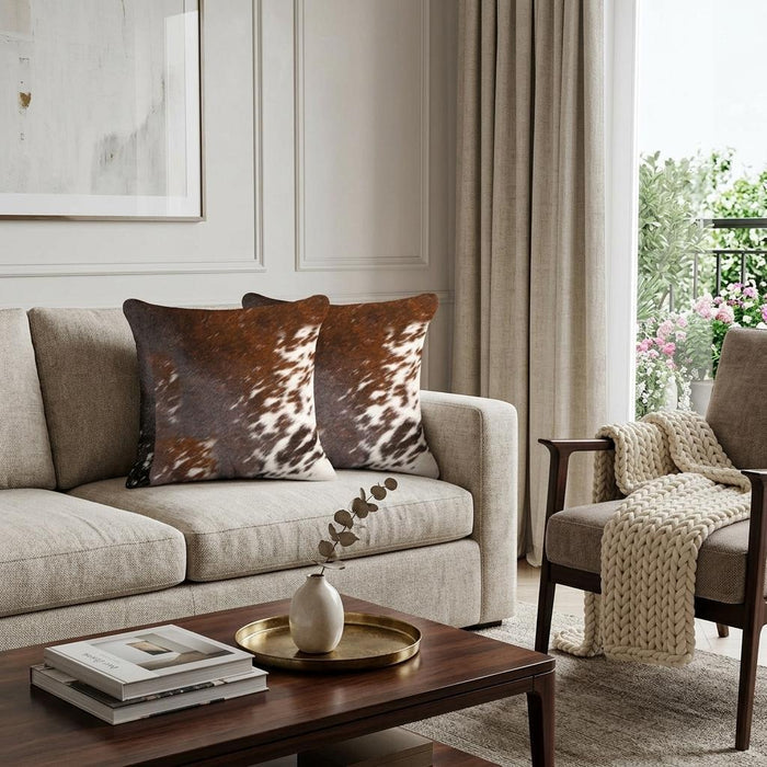 Set of Two 18" Brown and White Cowhide Throw Pillow