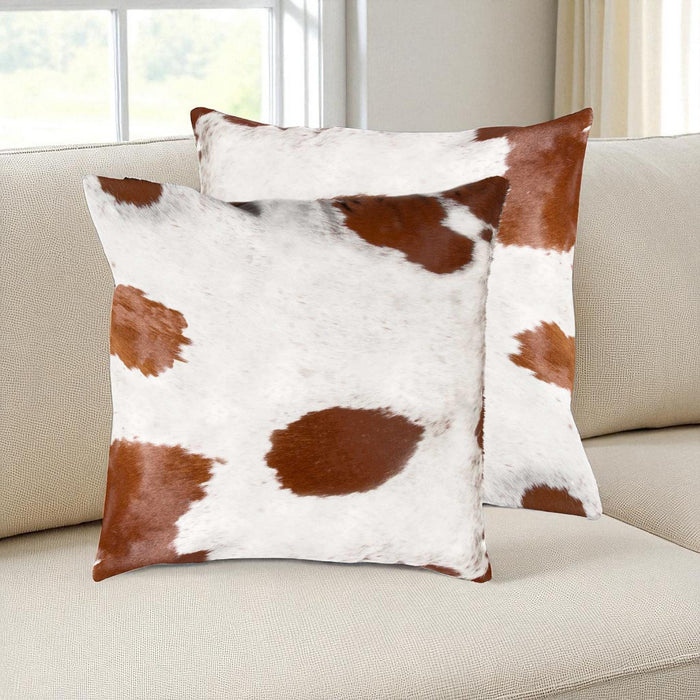 Set of Two 18" Brown And White Cowhide Throw Pillows