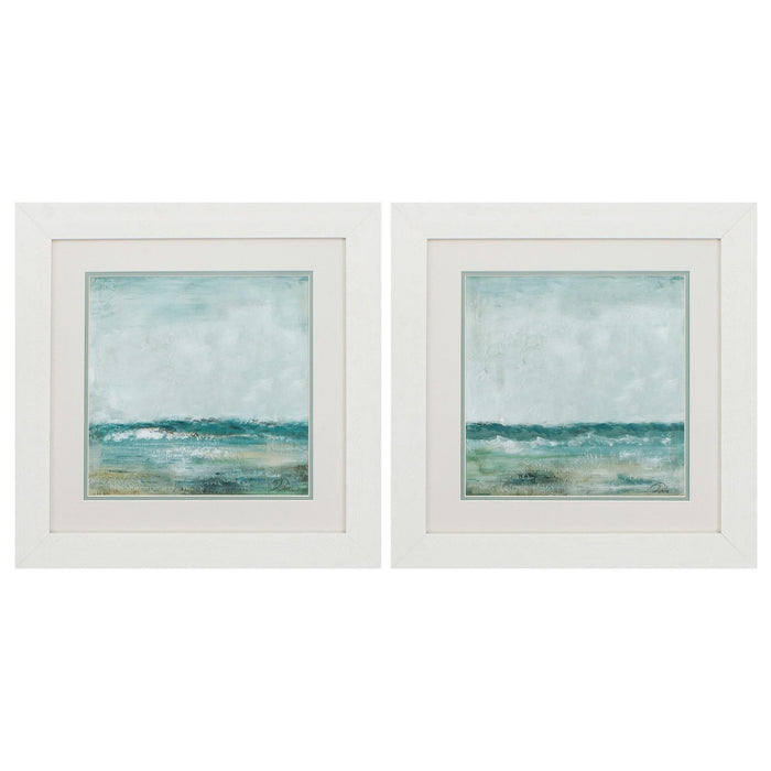 Set of Two 19" X 19" White and Blue Ocean Wall Decor