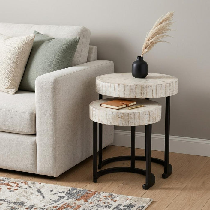 Set Of Two 21" White Solid Wood And Iron Round Nested Tables