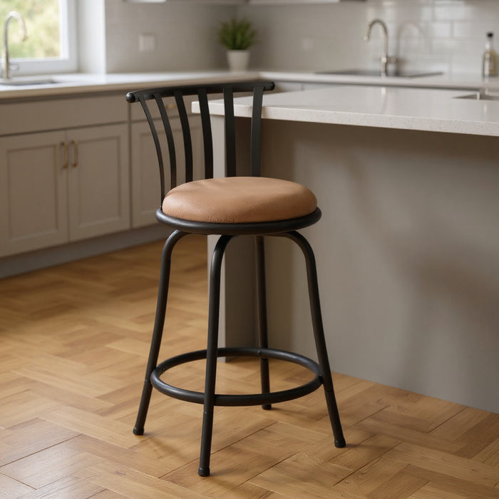 Set of Two 24" Khaki And Black Suede Microfiber And Microsuede And Metal Low Back Counter Height Swivel Bar Chairs