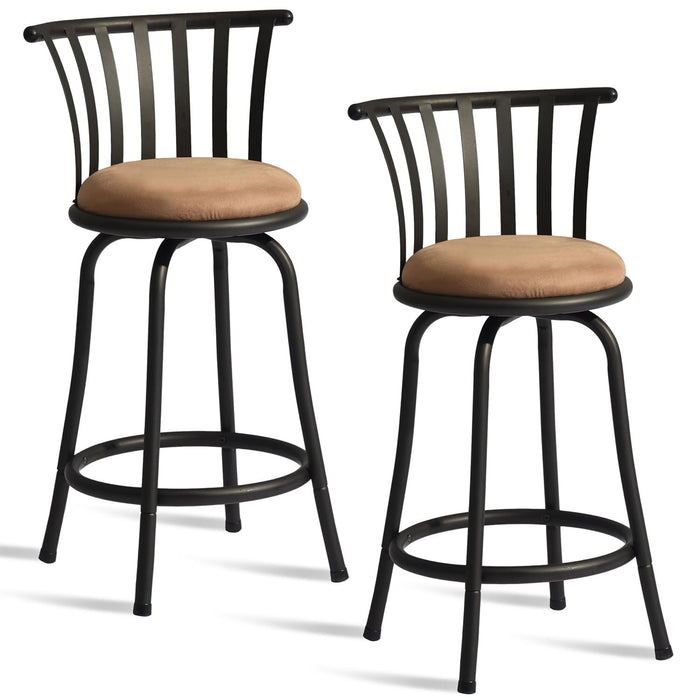 Set of Two 24" Khaki And Black Suede Microfiber And Microsuede And Metal Low Back Counter Height Swivel Bar Chairs