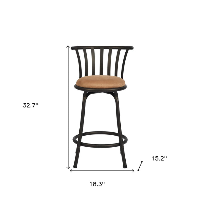 Set of Two 24" Khaki And Black Suede Microfiber And Microsuede And Metal Low Back Counter Height Swivel Bar Chairs