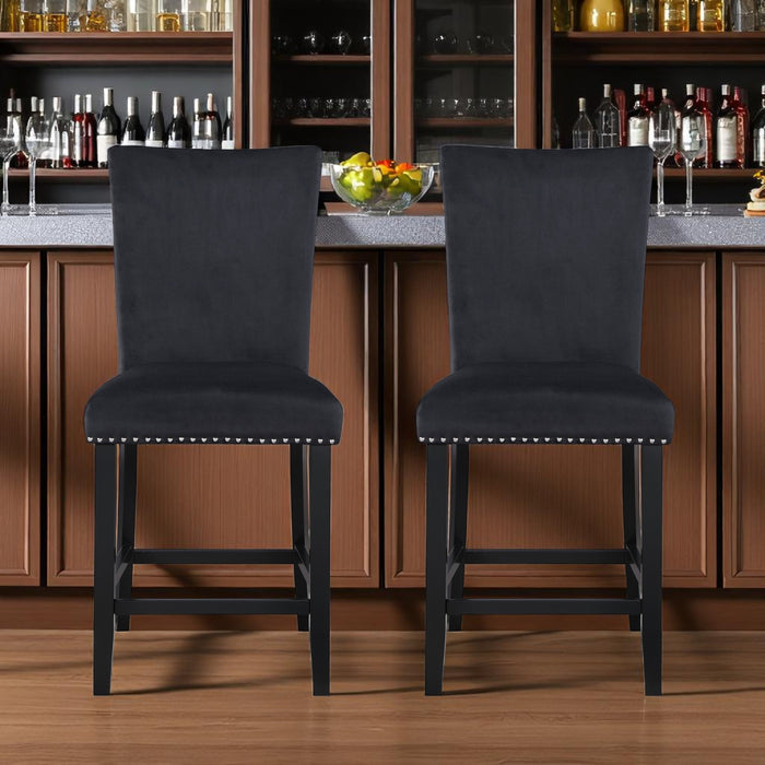 Set of Two 25" Black Velvet And Wood Counter Height Bar Chairs