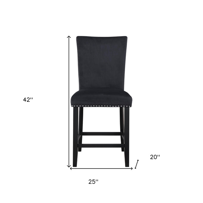 Set of Two 25" Black Velvet And Wood Counter Height Bar Chairs