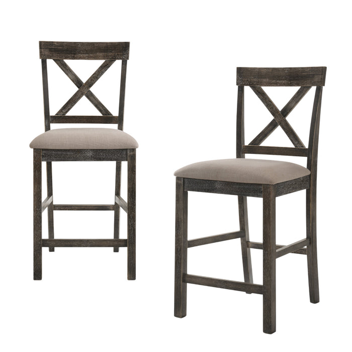 Set of Two 26" Tan And Dark Gray Linen And Solid Wood Counter Height Bar Chairs