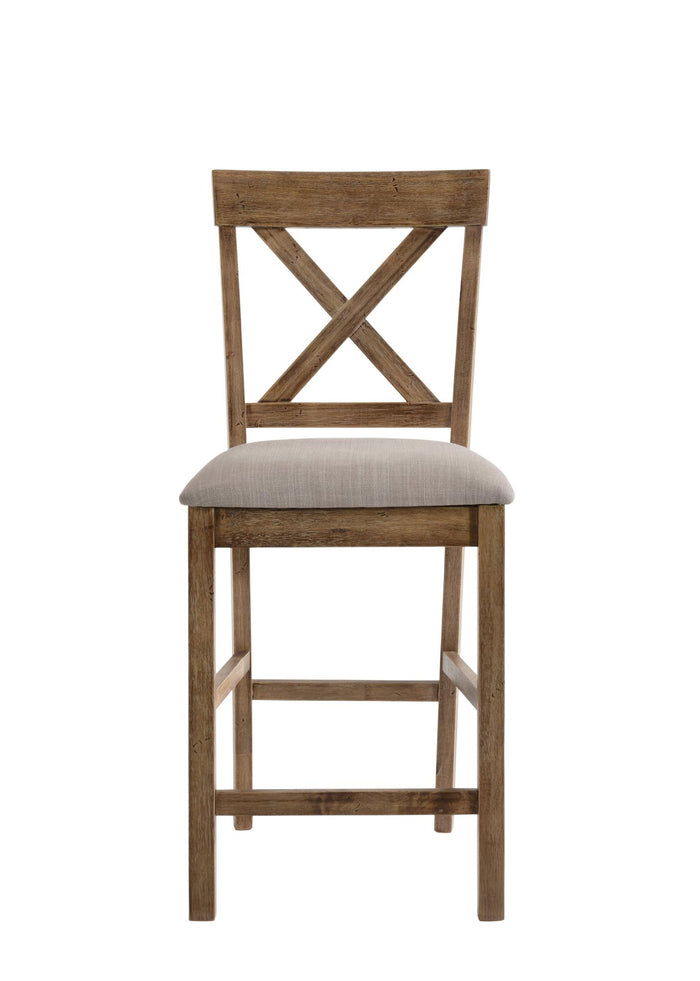 Set of Two 26" Tan And Oak Linen And Solid Wood Counter Height Bar Chairs