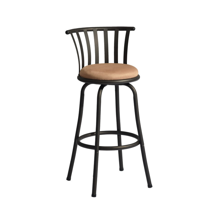 Set of Two 29" Brown And Black Microfiber And Fabric And Metal Low Back Bar Height Swivel Bar Chairs