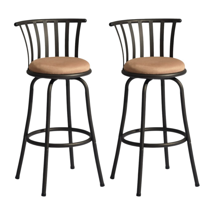 Set of Two 29" Brown And Black Microfiber And Fabric And Metal Low Back Bar Height Swivel Bar Chairs