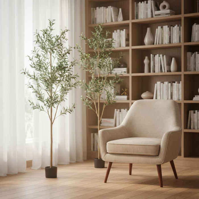 Set of Two 72" Green Artificial Olive Trees in a Black Pots