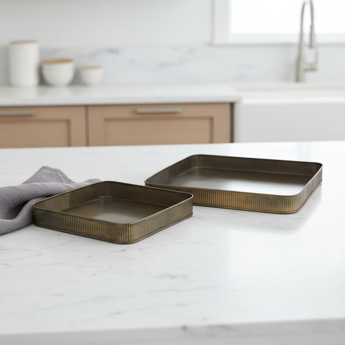 Set of Two Antiqued Brass Metal Handmade Serving Tray
