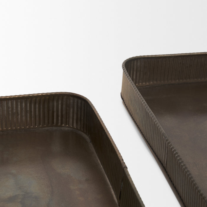 Set of Two Antiqued Brass Metal Handmade Serving Tray