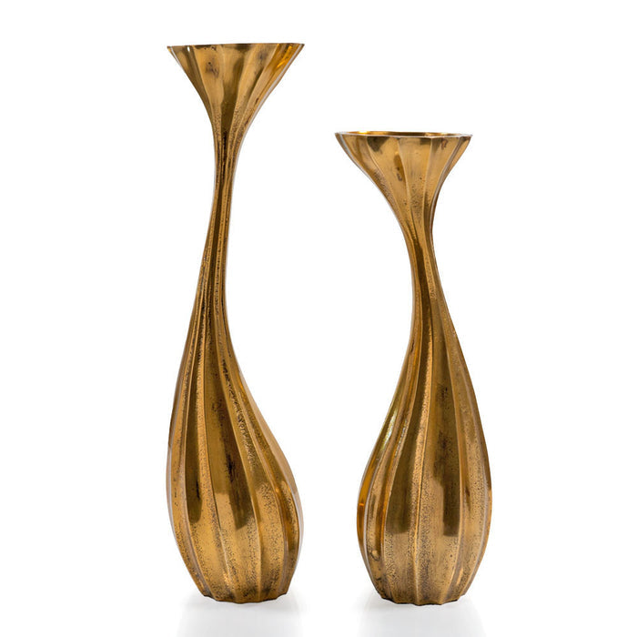 Set of Two Antiqued Gold Aluminum Wavy Faceted Tabletop Pillar Candle Holders