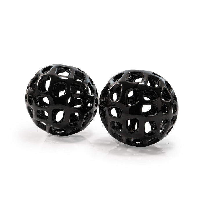 Set of Two Black Aluminum Hand Painted Decorative Orbs
