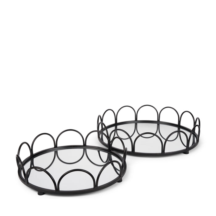 Set of Two Black And Silver Metal And Mirrored Glass Round Vanity Trays
