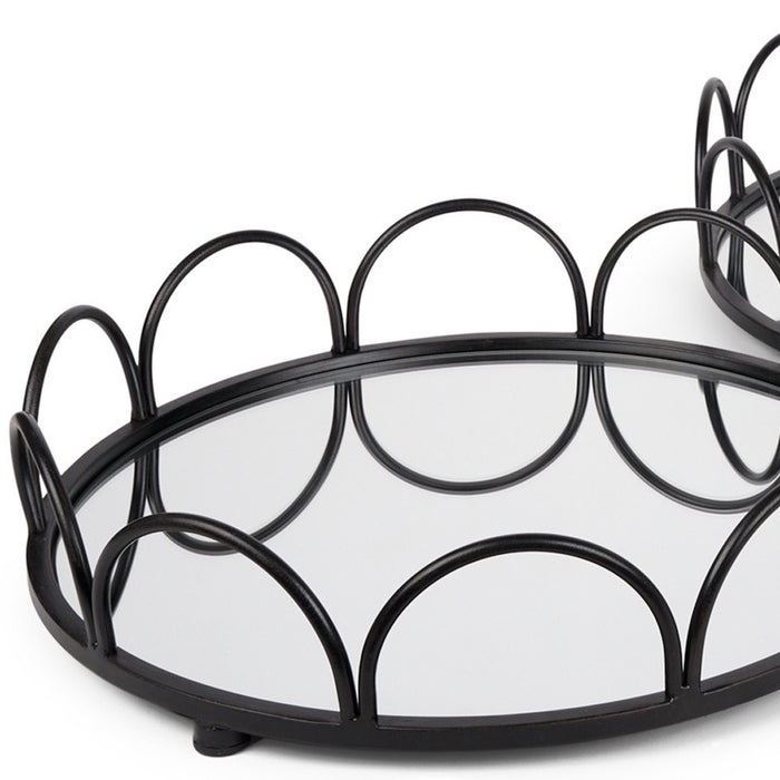 Set of Two Black And Silver Metal And Mirrored Glass Round Vanity Trays