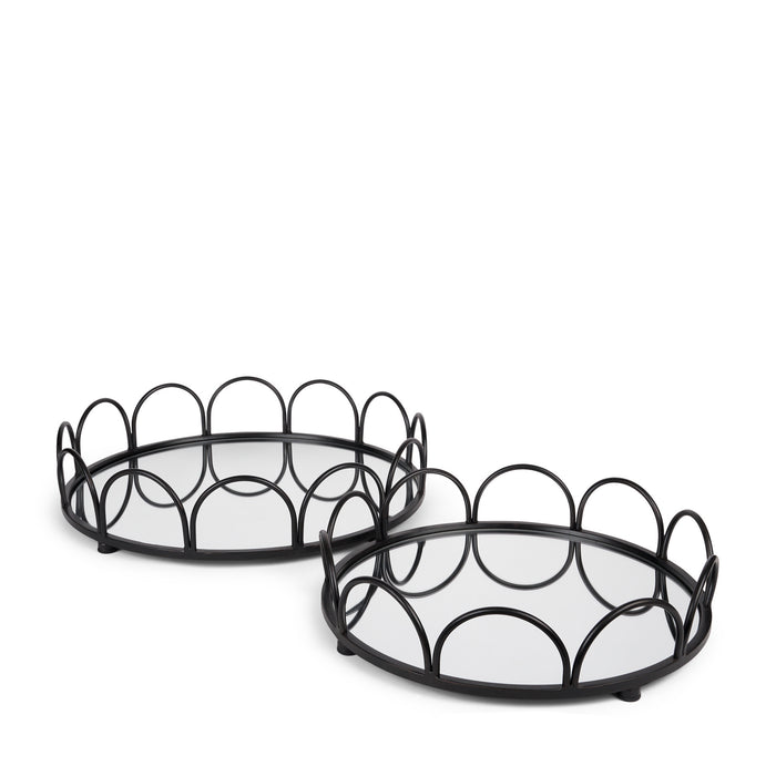 Set of Two Black And Silver Metal And Mirrored Glass Round Vanity Trays