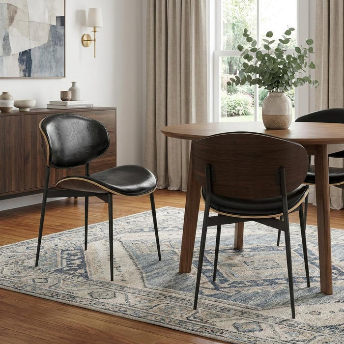 Set of Two Black Faux Leather and Wood Partially Open Back Dining Side Chairs